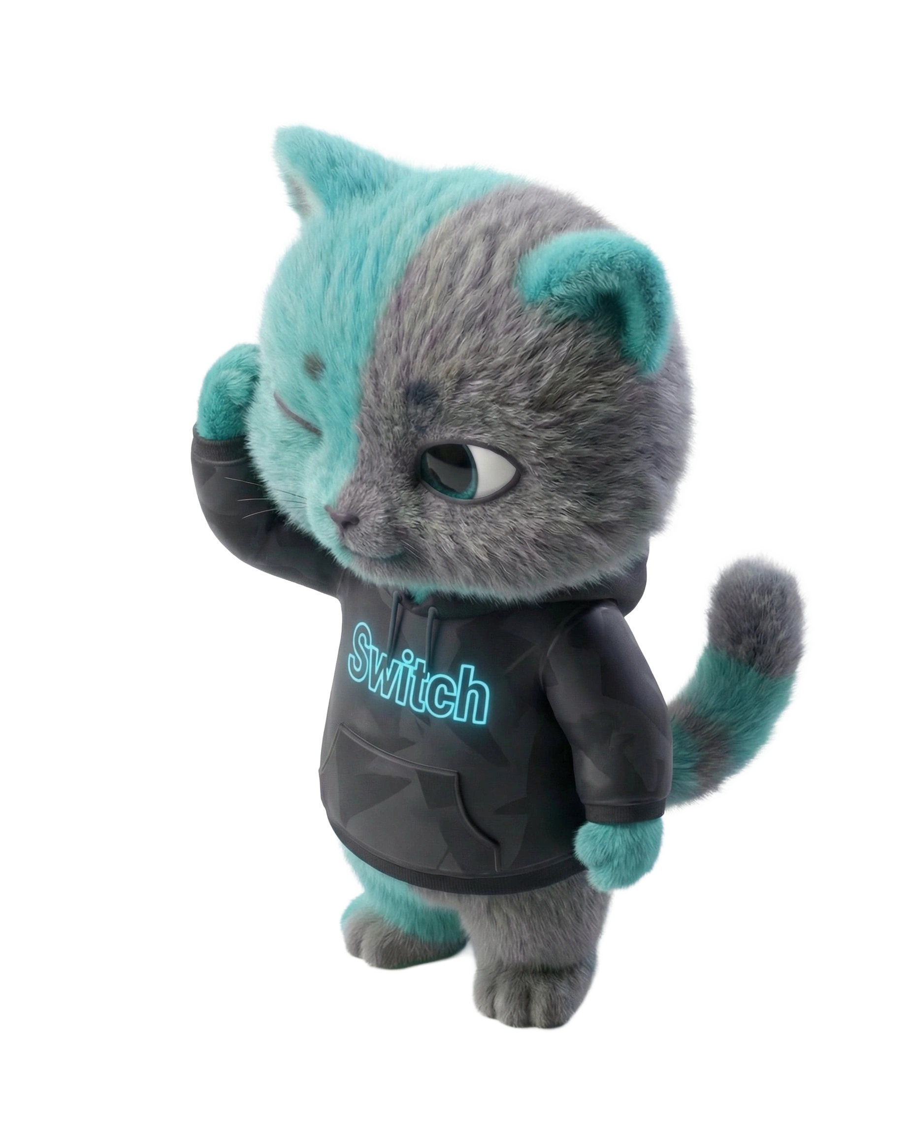The Switch cat in a black hoodie, made with Switch